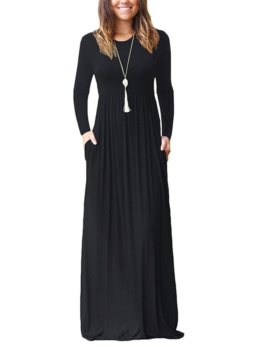 Womens Long Sleeve Maxi Dress Casual Empire Waist with Pockets